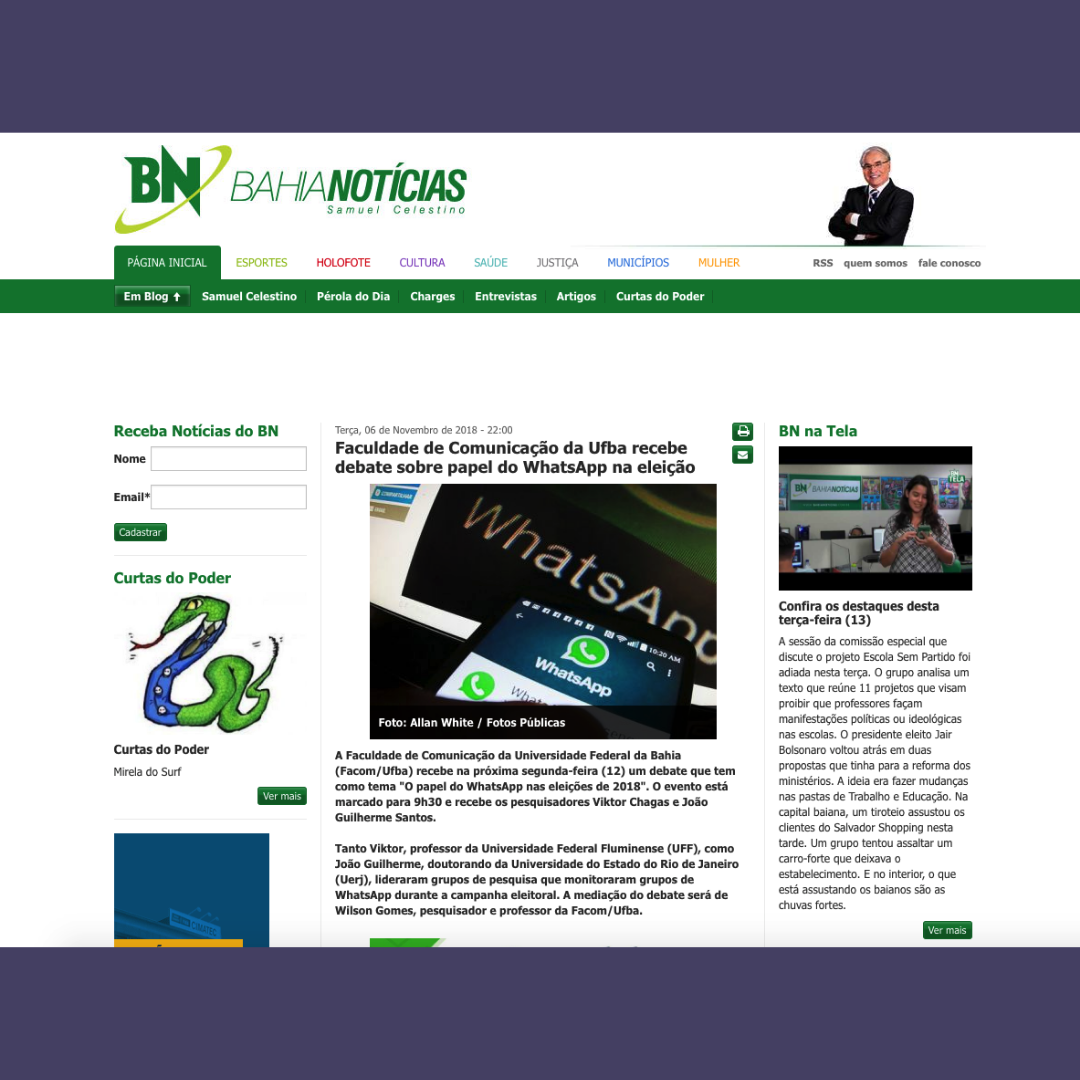 Faculdade de Comunicação da Ufba recebe debate sobre papel do WhatsApp na eleição