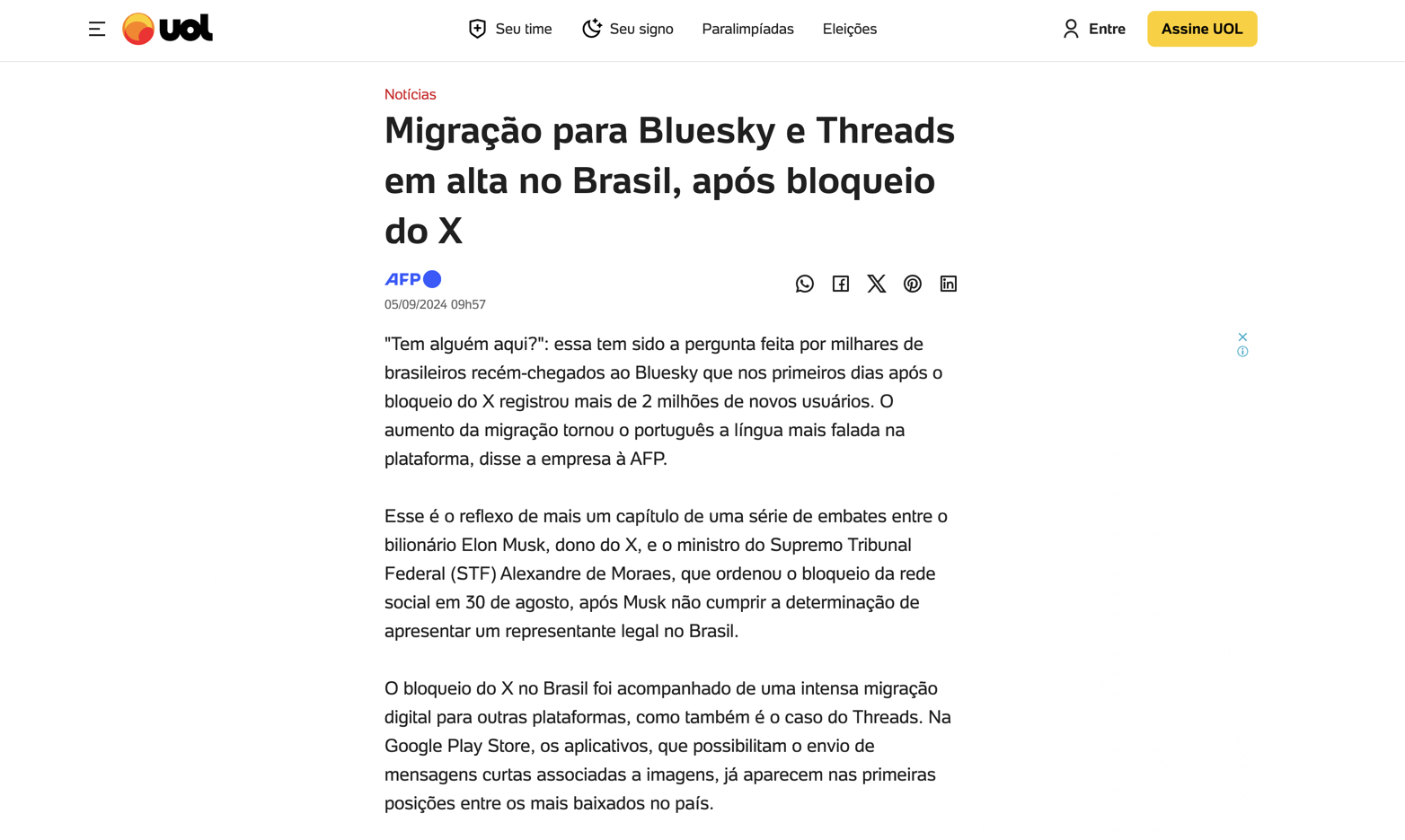 Migração para Bluesky e Threads em alta no Brasil, após bloqueio do X