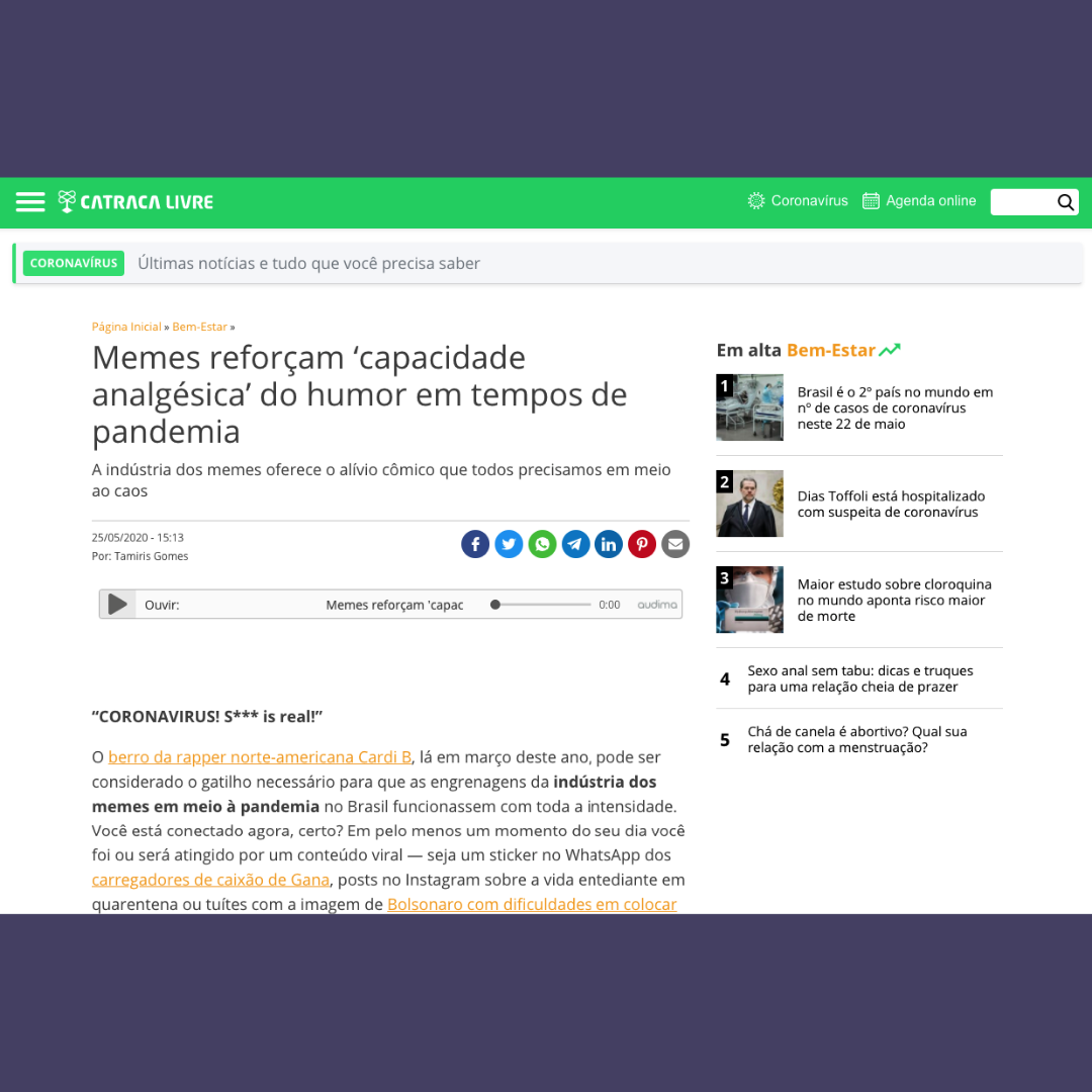 Memes reforçam ‘capacidade analgésica’ do humor em tempos de pandemia