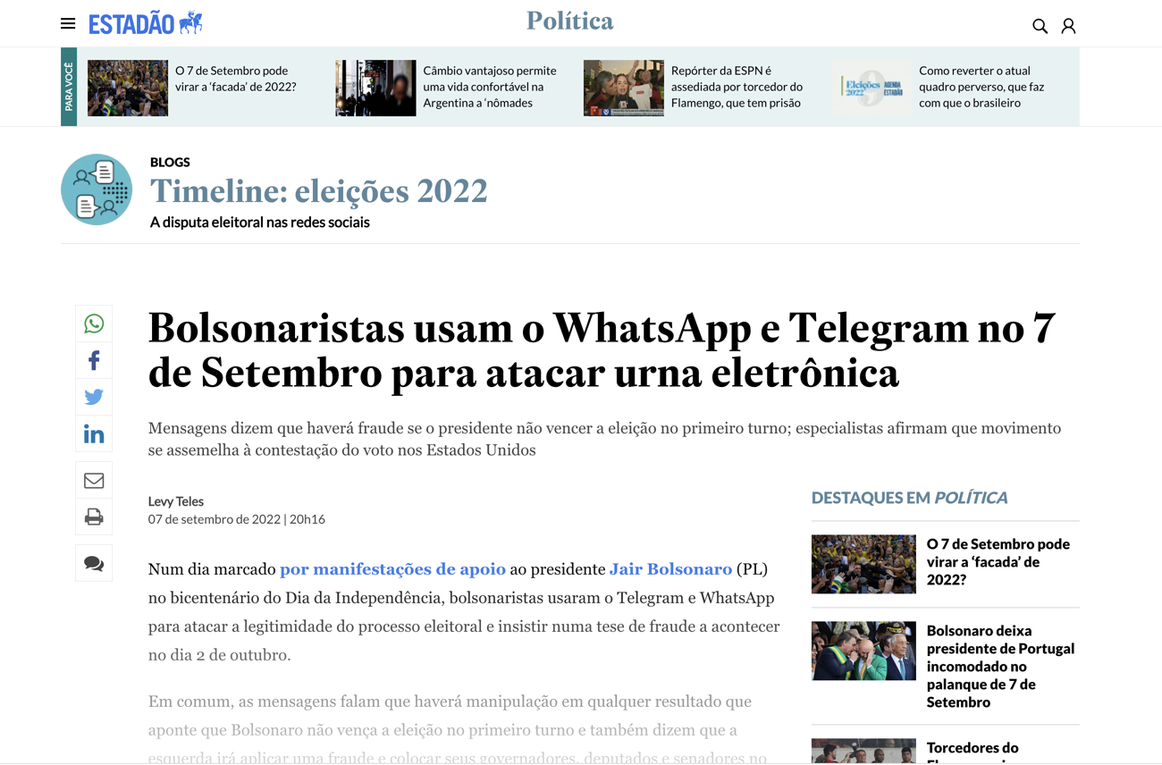 Bolsonaristas usam o WhatsApp e Telegram no 7 de Setembro para atacar urna eletrônica
