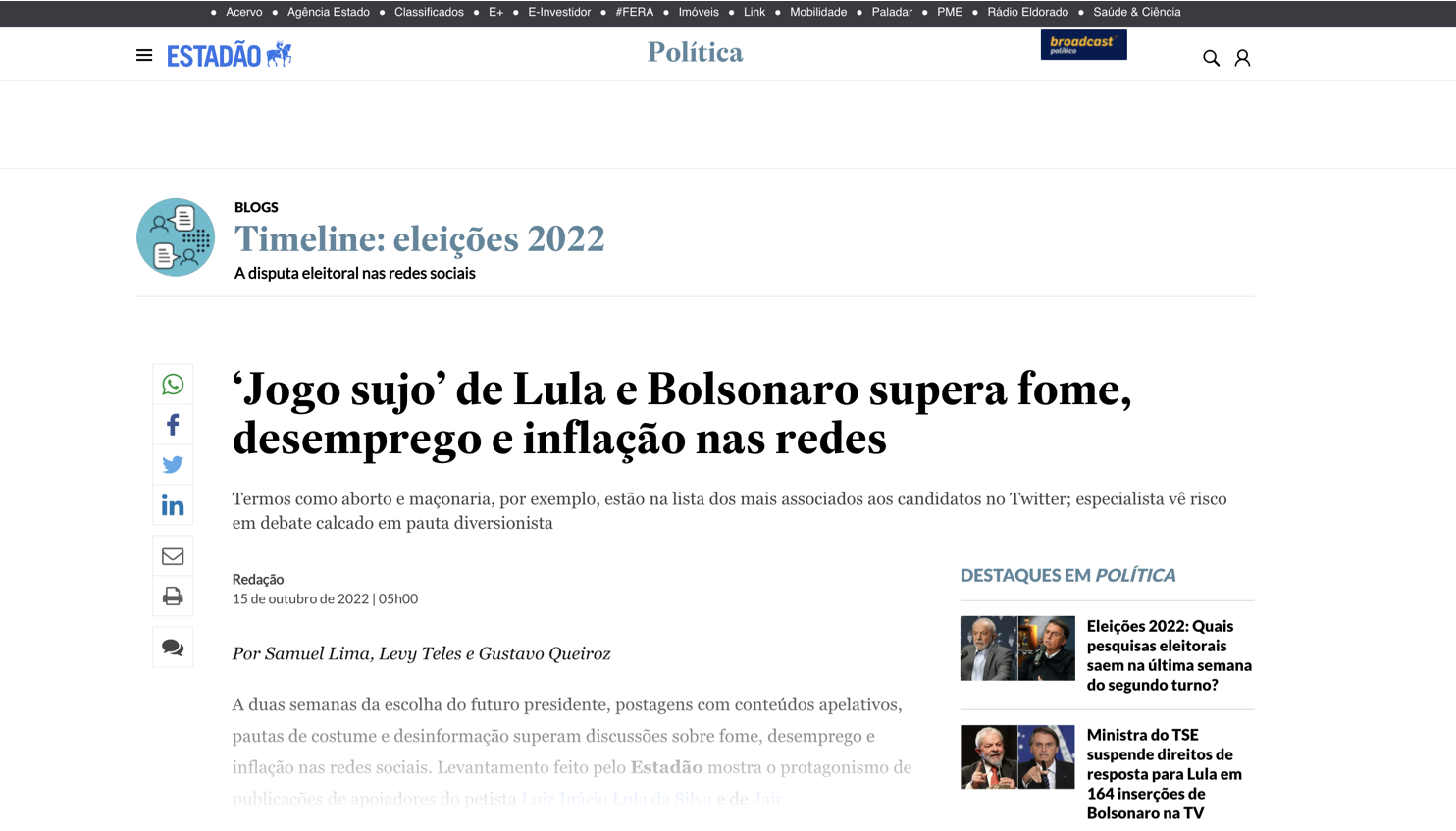 ‘Jogo sujo’ de Lula e Bolsonaro supera fome, desemprego e inflação nas redes