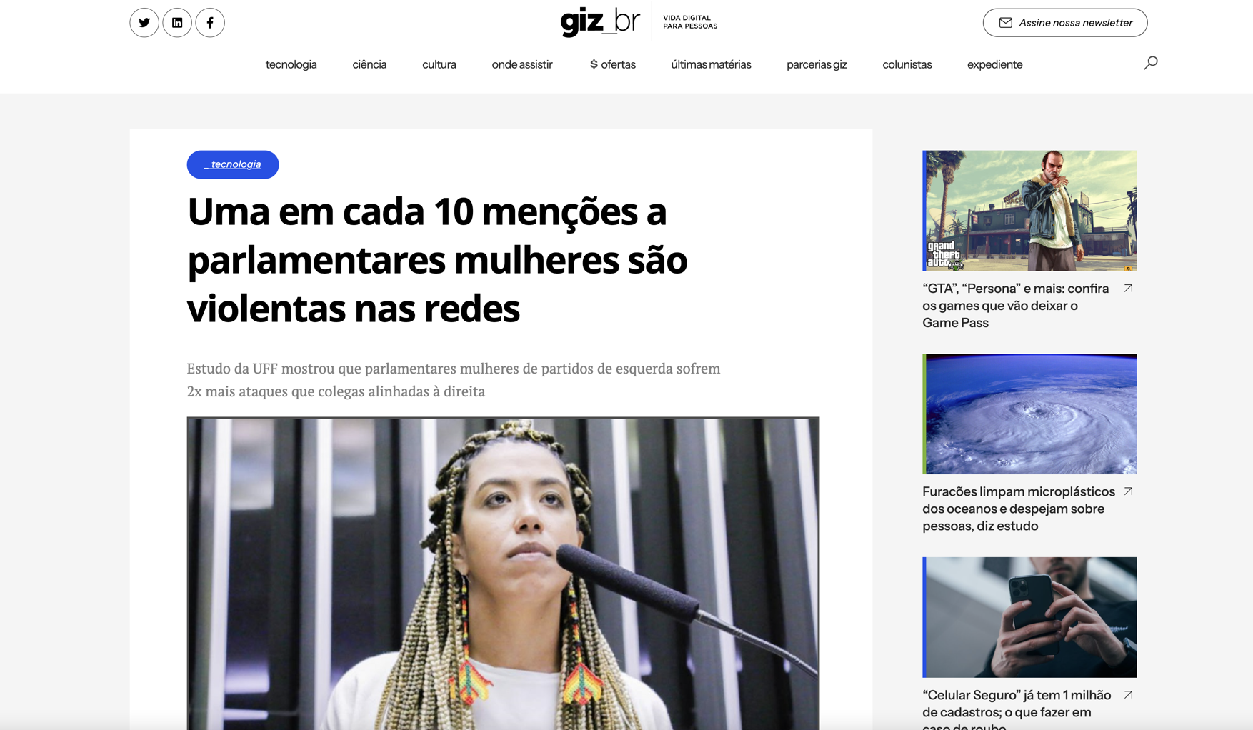 Uma em cada 10 menções a parlamentares mulheres são violentas nas redes
